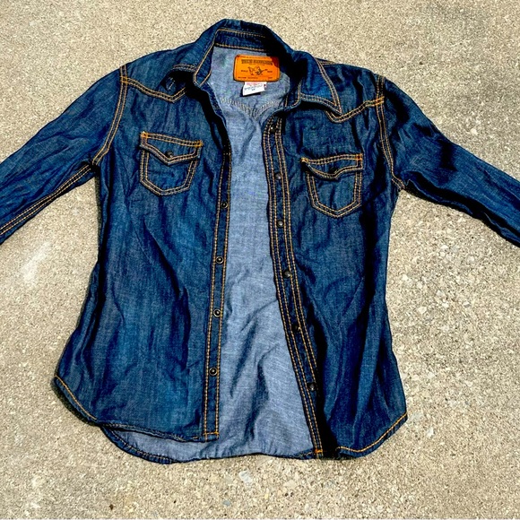 True Religion Georgia Blue Jean Jacket Denim XS. Orange Stitch - Picture 1 of 13